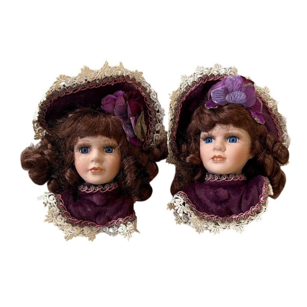 DanDee Vintage Victorian Porcelain Doll Head Christmas Ornaments Set of 2 Purple